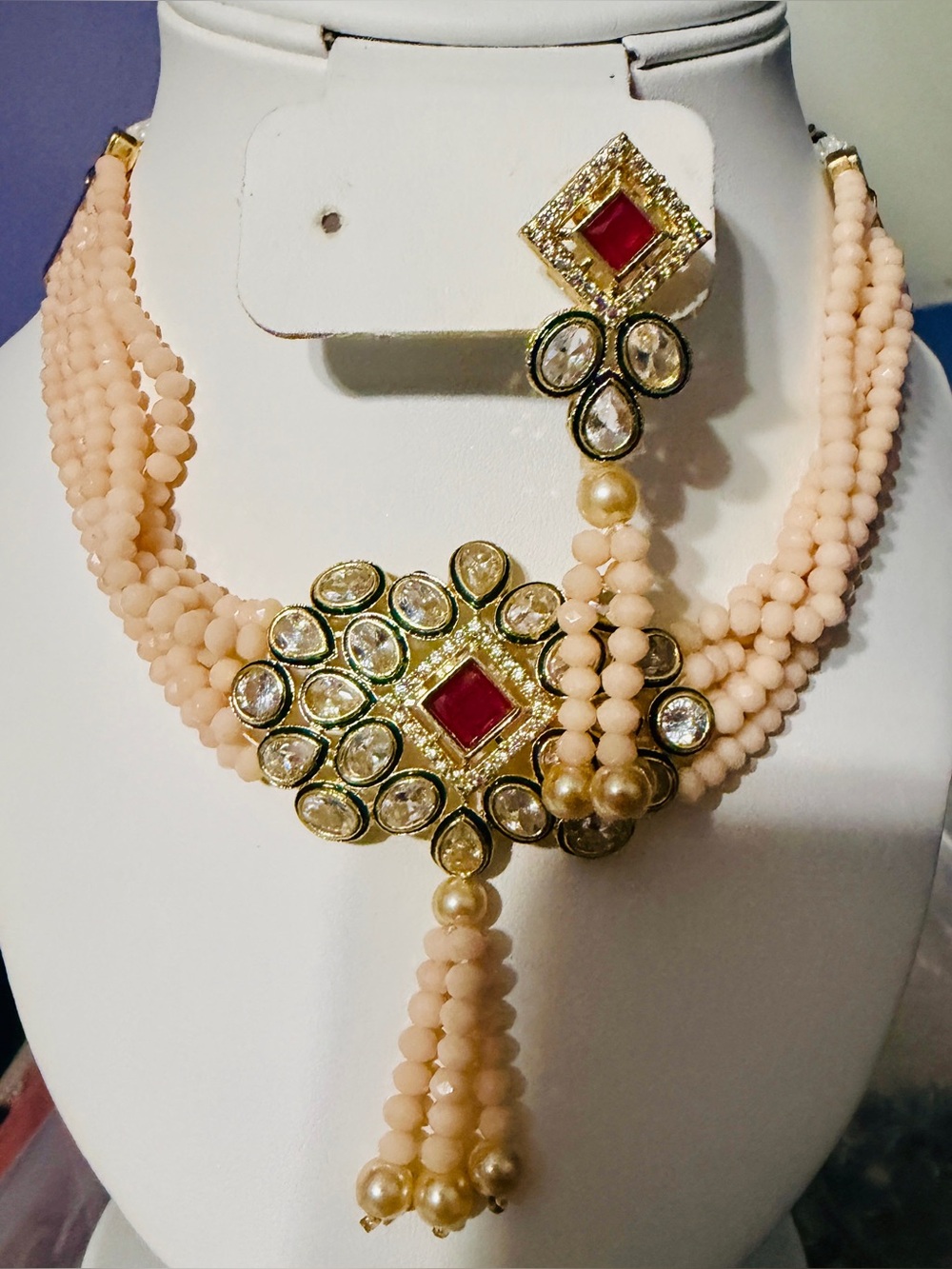 Peach Beaded Multi-Strand Necklace with Gold Red Pendant - Women Jewelry